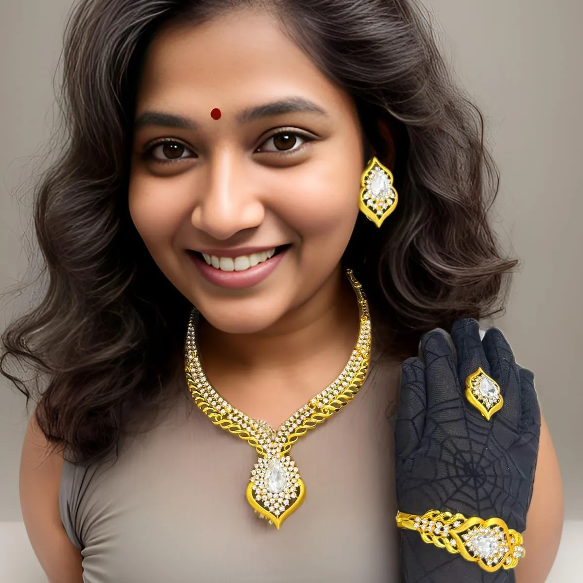 Gold Jewelry Sets for Women,Dubai Statement Necklaces Gold Bracelets Open Hoop Earrings Ring Fashion Crystal Wedding Costume Jewelry Accessories Set Mother's Day Birthday Wedding prom