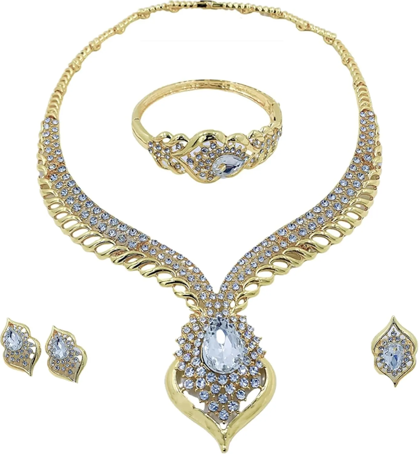 Gold Jewelry Sets for Women,Dubai Statement Necklaces Gold Bracelets Open Hoop Earrings Ring Fashion Crystal Wedding Costume Jewelry Accessories Set Mother's Day Birthday Wedding prom