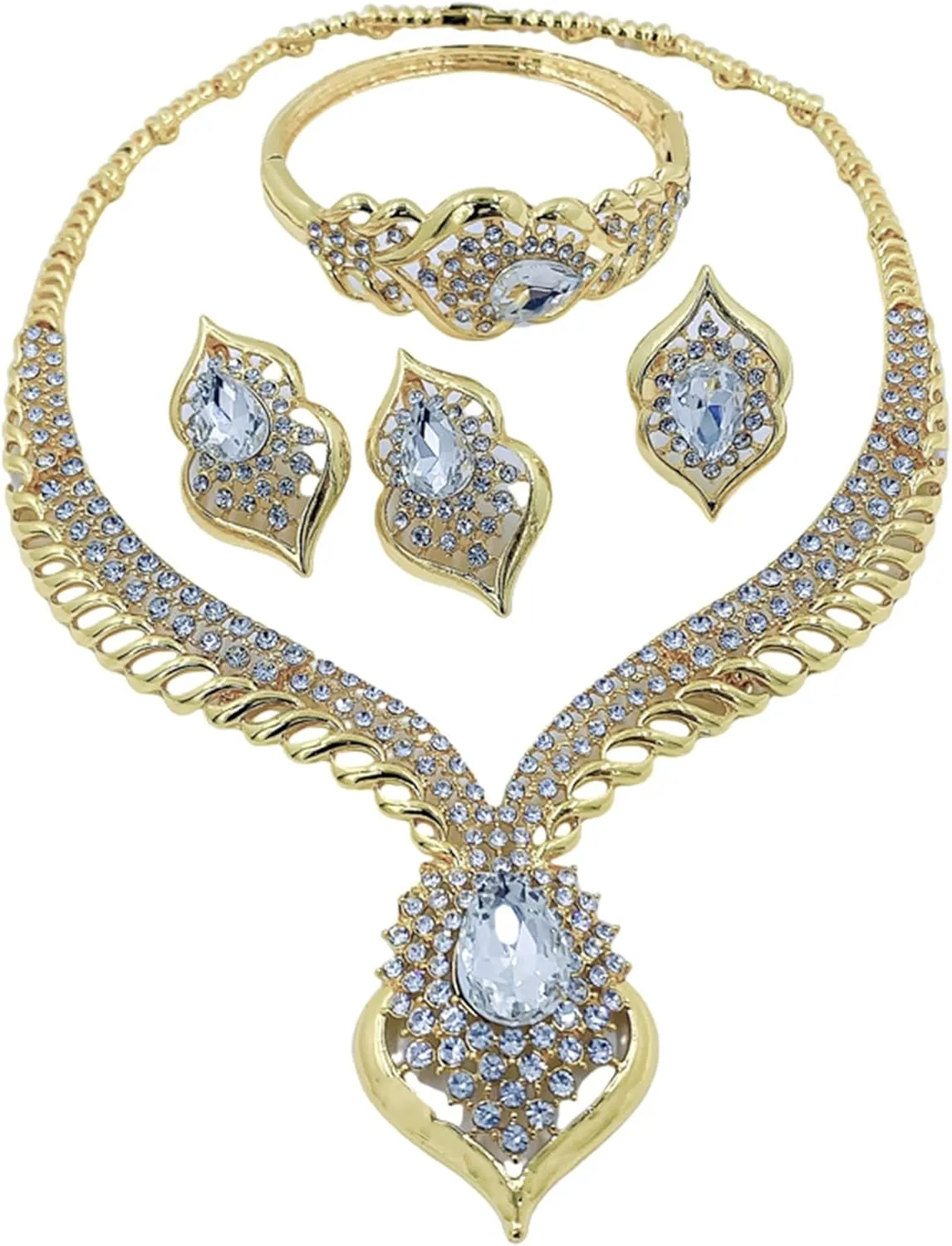 Gold Jewelry Sets for Women,Dubai Statement Necklaces Gold Bracelets Open Hoop Earrings Ring Fashion Crystal Wedding Costume Jewelry Accessories Set Mother's Day Birthday Wedding prom