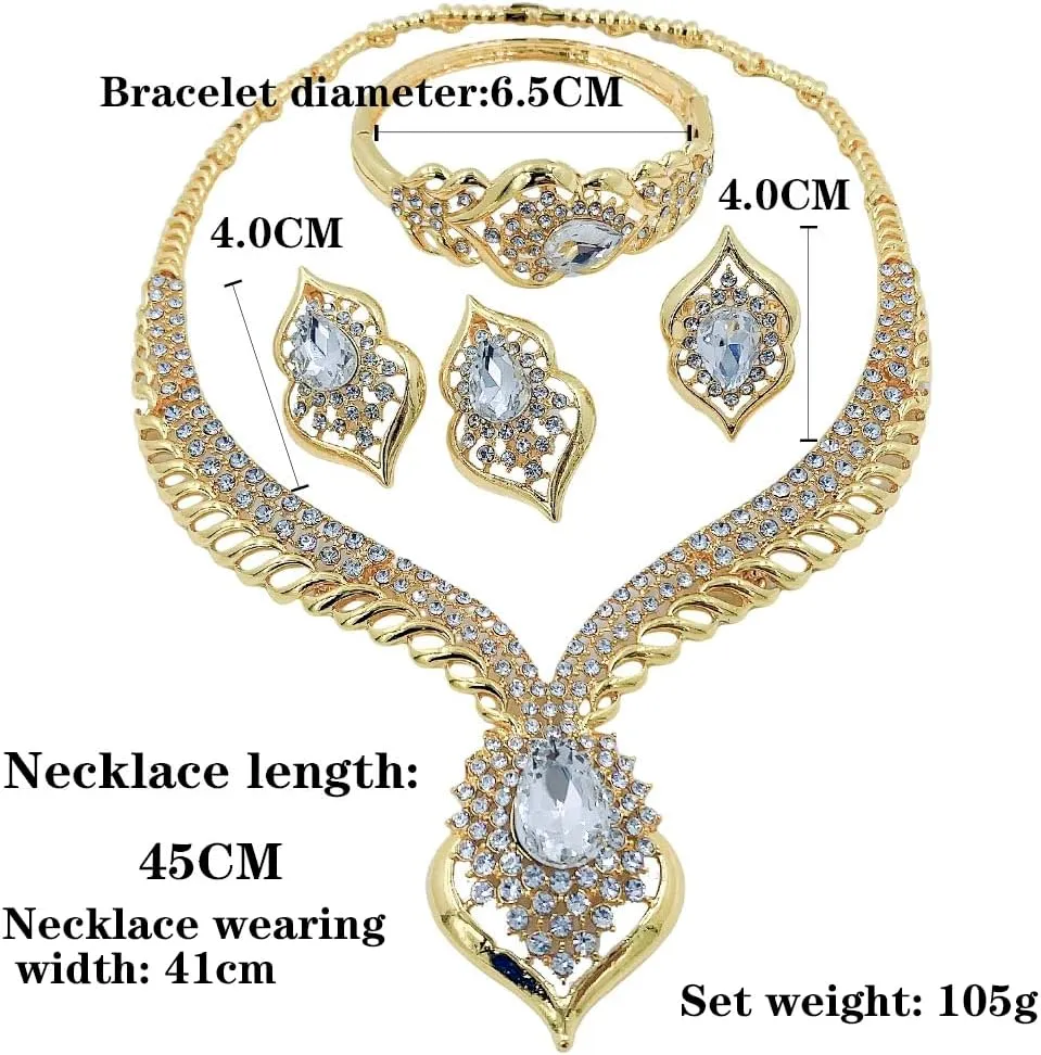 Gold Jewelry Sets for Women,Dubai Statement Necklaces Gold Bracelets Open Hoop Earrings Ring Fashion Crystal Wedding Costume Jewelry Accessories Set Mother's Day Birthday Wedding prom