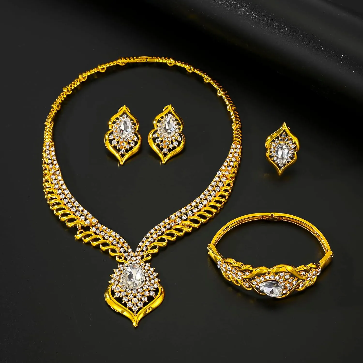 Gold Jewelry Sets for Women,Dubai Statement Necklaces Gold Bracelets Open Hoop Earrings Ring Fashion Crystal Wedding Costume Jewelry Accessories Set Mother's Day Birthday Wedding prom