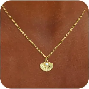 Gold Necklace for Women Trendy, 14k Gold Conch Shell Starfish Pendant Necklace Dainty Pearl Necklace for Women Charm Necklaces Summer Beach Jewelry Gifts for Woman