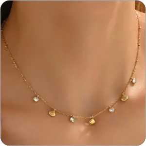 Gold Necklaces for Women 18K Gold Plated Diamond Choker Necklace Dainty Star Flower Shell Dragonfly Dolphin Cute CZ Charm Everyday Summer Beach Jewelry