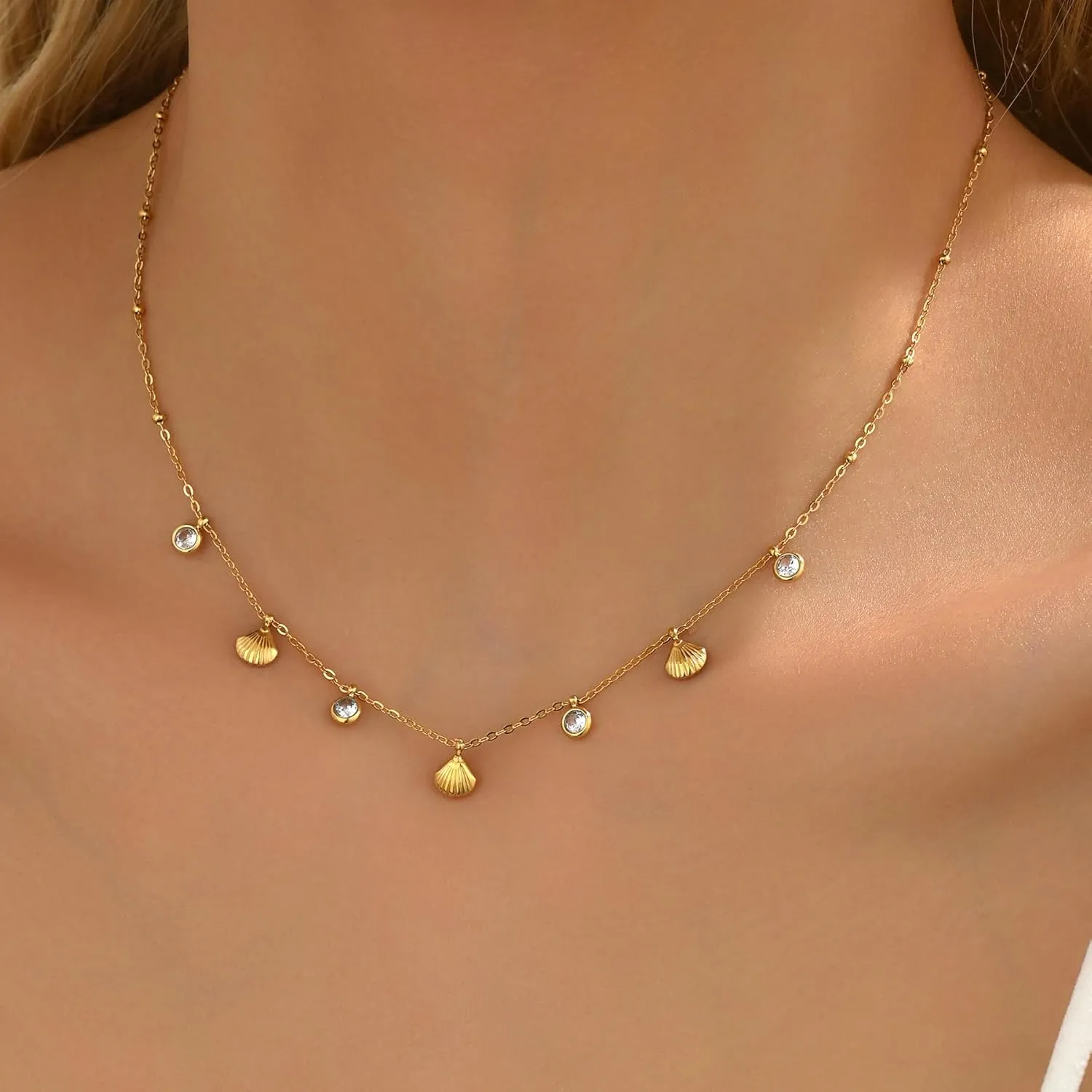 Gold Necklaces for Women 18K Gold Plated Diamond Choker Necklace Dainty Star Flower Shell Dragonfly Dolphin Cute CZ Charm Everyday Summer Beach Jewelry