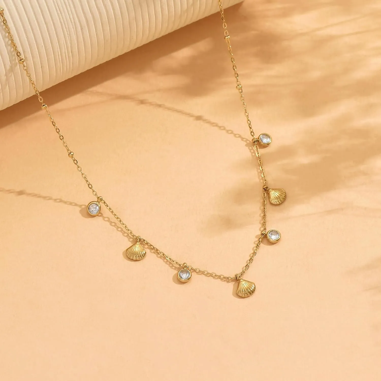 Gold Necklaces for Women 18K Gold Plated Diamond Choker Necklace Dainty Star Flower Shell Dragonfly Dolphin Cute CZ Charm Everyday Summer Beach Jewelry