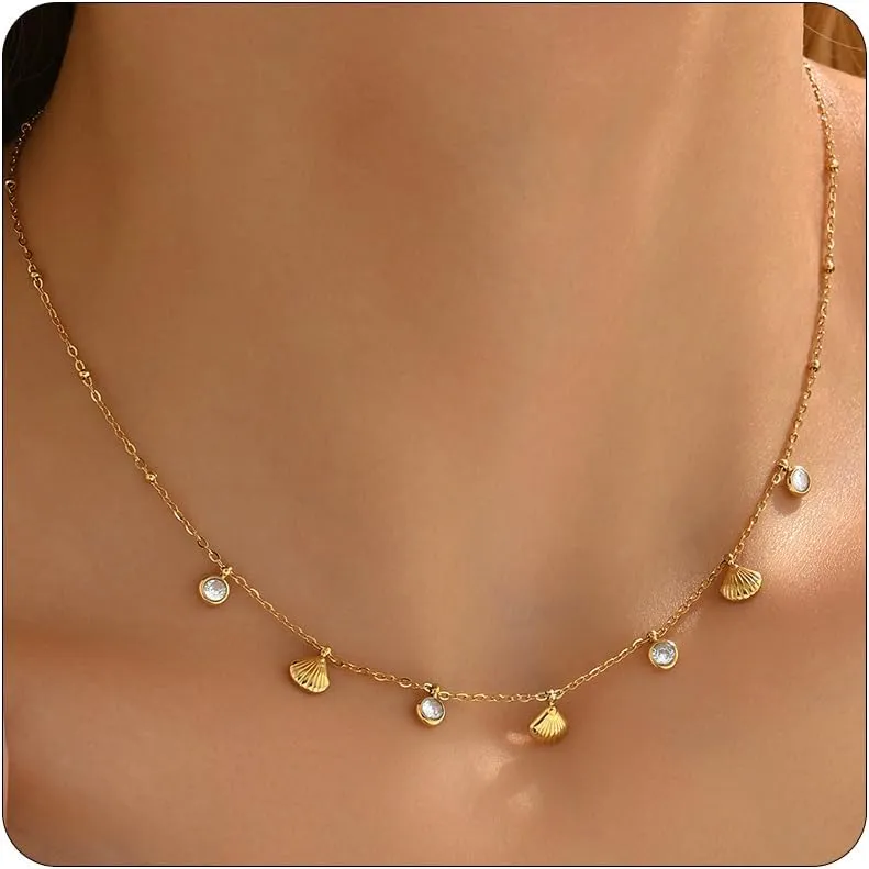 Gold Necklaces for Women 18K Gold Plated Diamond Choker Necklace Dainty Star Flower Shell Dragonfly Dolphin Cute CZ Charm Everyday Summer Beach Jewelry