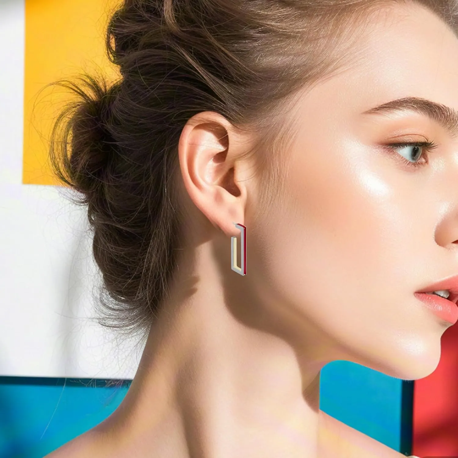 Gold Square Hoop Earrings for Women Trendy C Shaped Round Hoop Earrings 18K Gold Plated Stainless Steel Enamel Earrings Jewelry Gift