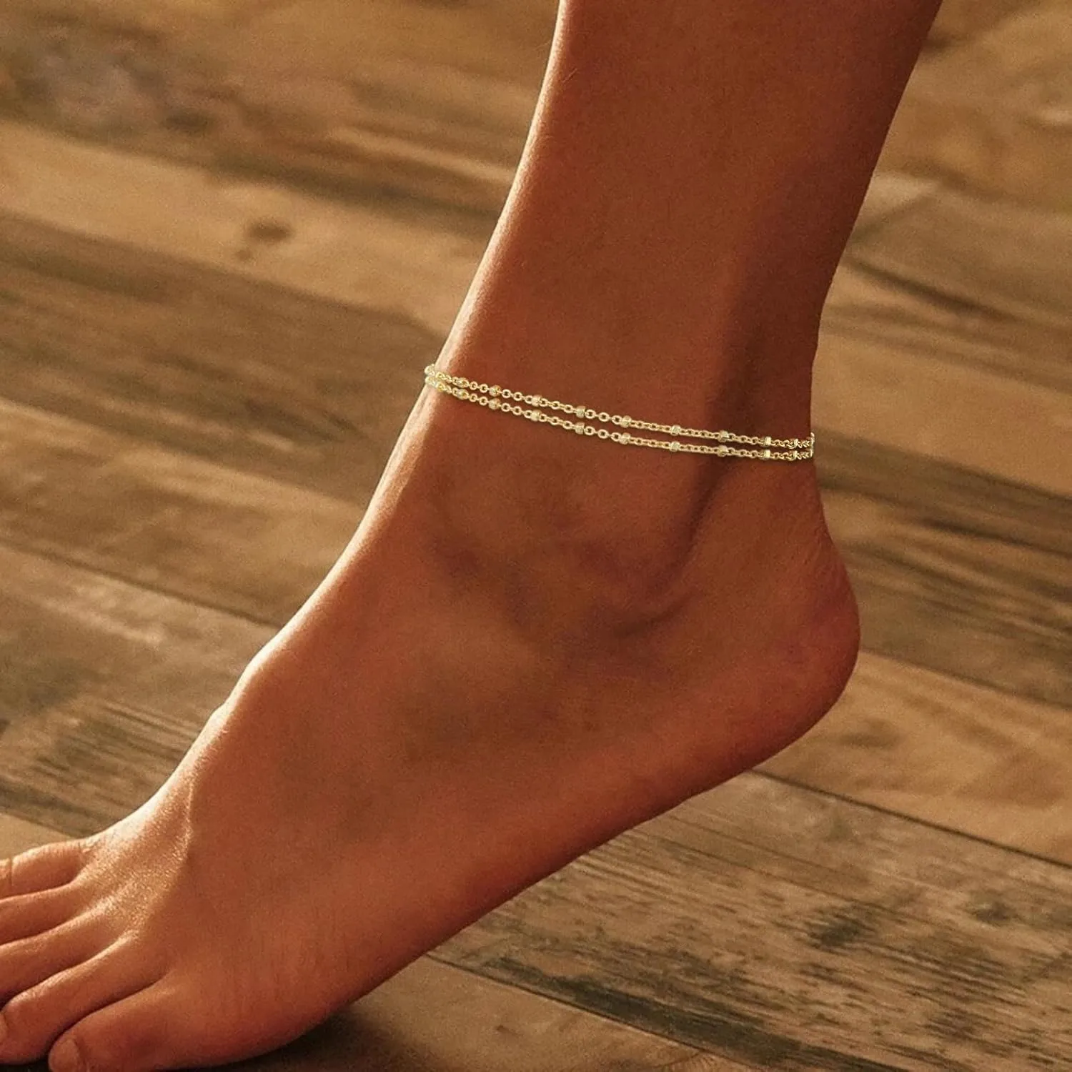 Gold/Silver Ankle Bracelets for Women Dainty14K Gold Plated Waterproof Cuban Bead Chain Sets Layered Non Tarnish Summer Beach Bracelets 8.3 2 Inch Adjustable for Womens Jewelry Gifts
