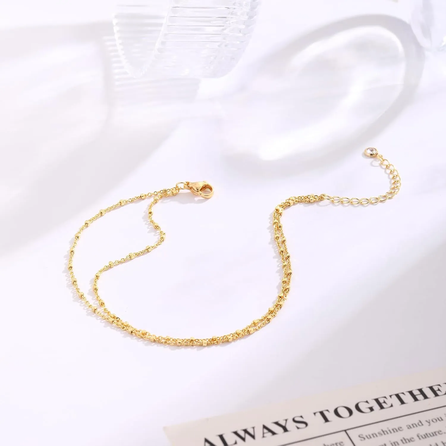 Gold/Silver Ankle Bracelets for Women Dainty14K Gold Plated Waterproof Cuban Bead Chain Sets Layered Non Tarnish Summer Beach Bracelets 8.3 2 Inch Adjustable for Womens Jewelry Gifts