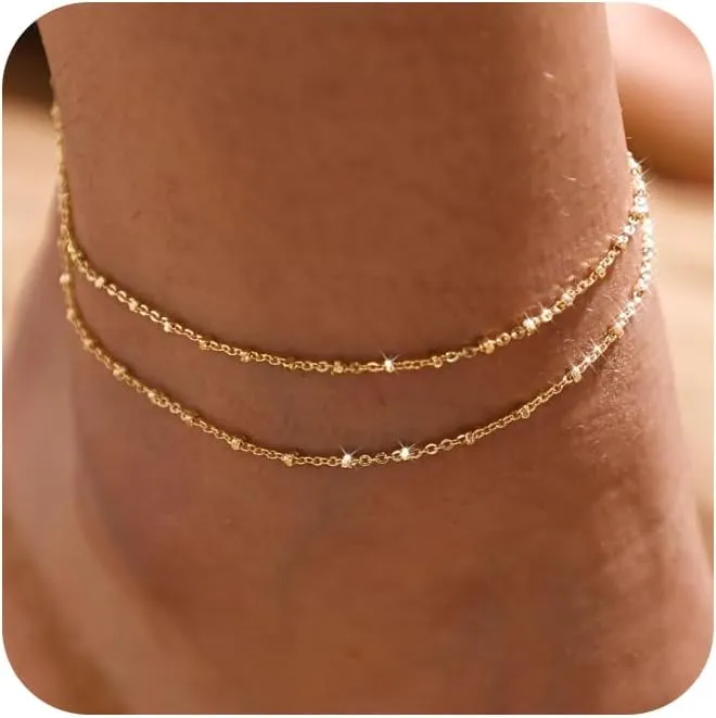 Gold/Silver Ankle Bracelets for Women Dainty14K Gold Plated Waterproof Cuban Bead Chain Sets Layered Non Tarnish Summer Beach Bracelets 8.3 2 Inch Adjustable for Womens Jewelry Gifts