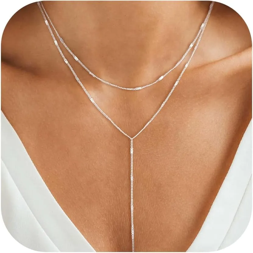 Gold/Silver Plated Necklace for Women, Dainty Layered Long Necklaces for Women Trendy Simple Beaded Chain Y Necklace Waterproof Jewelry Gifts