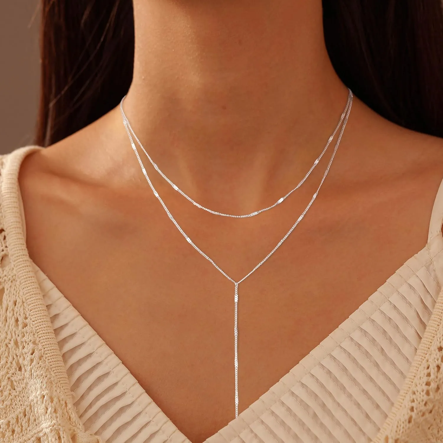 Gold/Silver Plated Necklace for Women, Dainty Layered Long Necklaces for Women Trendy Simple Beaded Chain Y Necklace Waterproof Jewelry Gifts