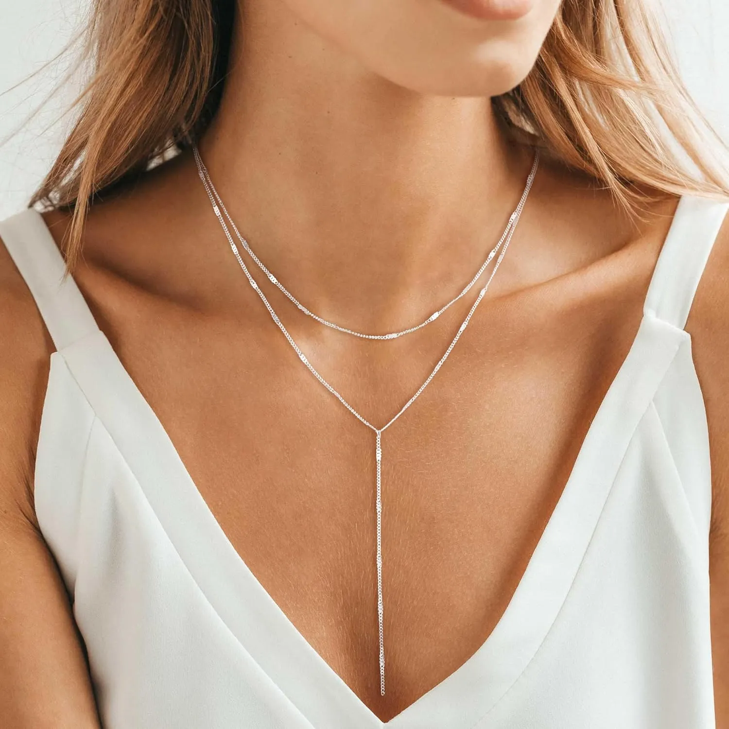 Gold/Silver Plated Necklace for Women, Dainty Layered Long Necklaces for Women Trendy Simple Beaded Chain Y Necklace Waterproof Jewelry Gifts
