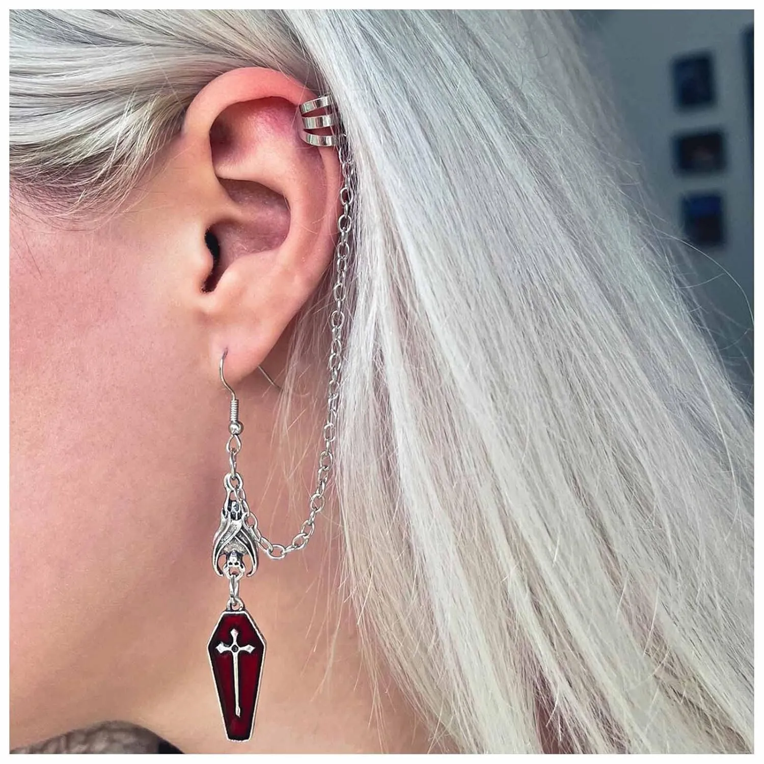 Gothic Cross Dangle Ear Cuff Earrings Silver Tassel Chain Ear Clip Earrings Long Bat Earrings Halloween Cross Chain Earrings Jewelry for Women and Girls