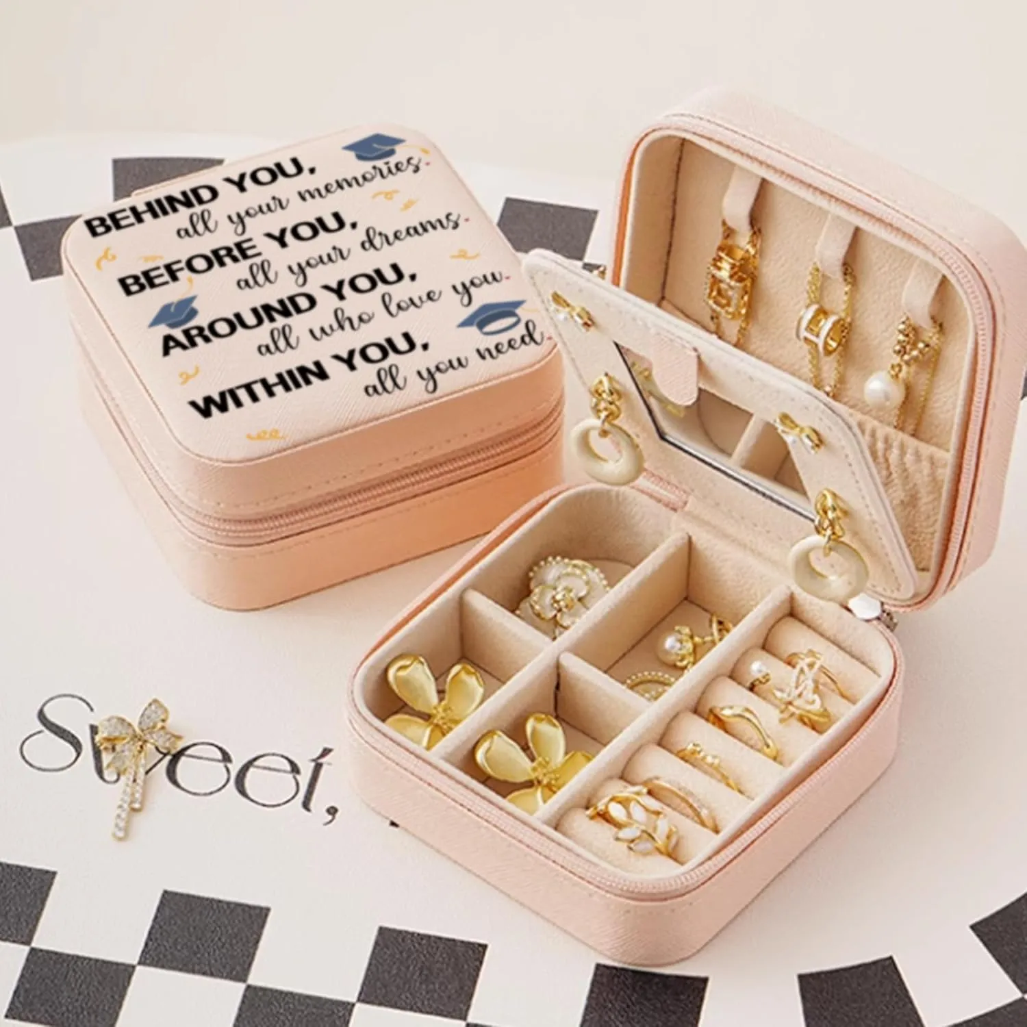 Graduation Quote Jewelry Organizer Box, Pink Travel Essentials Jewelry Case Storage for Women Girls, Best Graduation Gifts for Daughter, Small Jewelry Box to Ring, Necklaces, Earrings