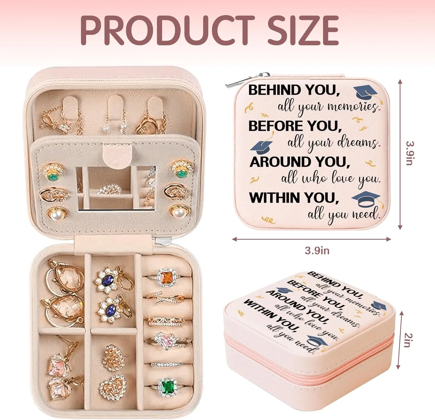 Graduation Quote Jewelry Organizer Box, Pink Travel Essentials Jewelry Case Storage for Women Girls, Best Graduation Gifts for Daughter, Small Jewelry Box to Ring, Necklaces, Earrings