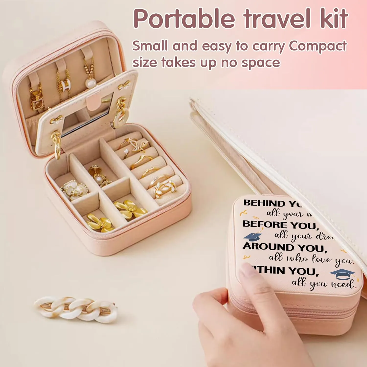 Graduation Quote Jewelry Organizer Box, Pink Travel Essentials Jewelry Case Storage for Women Girls, Best Graduation Gifts for Daughter, Small Jewelry Box to Ring, Necklaces, Earrings