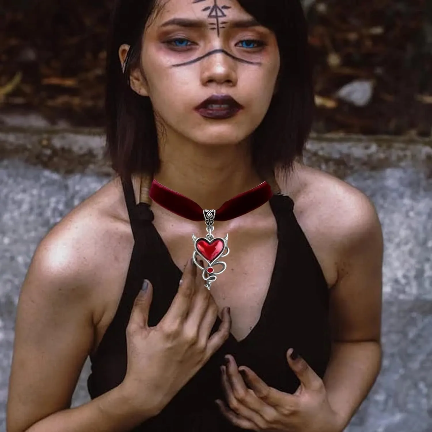 GYRMMUE Gothic Velvet Choker,Punk Style Satan Devil Pendant Necklace Vintage Black Red Crystal Heart Necklaces Mystery Vampire Jewelry for Women
