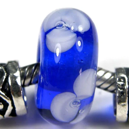Handmade Large Hole Lampwork Beads, Lampwork Glass Flower Beads, Blue White