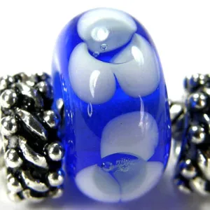 Handmade Large Hole Lampwork Beads, Lampwork Glass Flower Beads, Blue White
