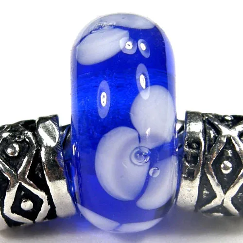 Handmade Large Hole Lampwork Beads, Lampwork Glass Flower Beads, Blue White