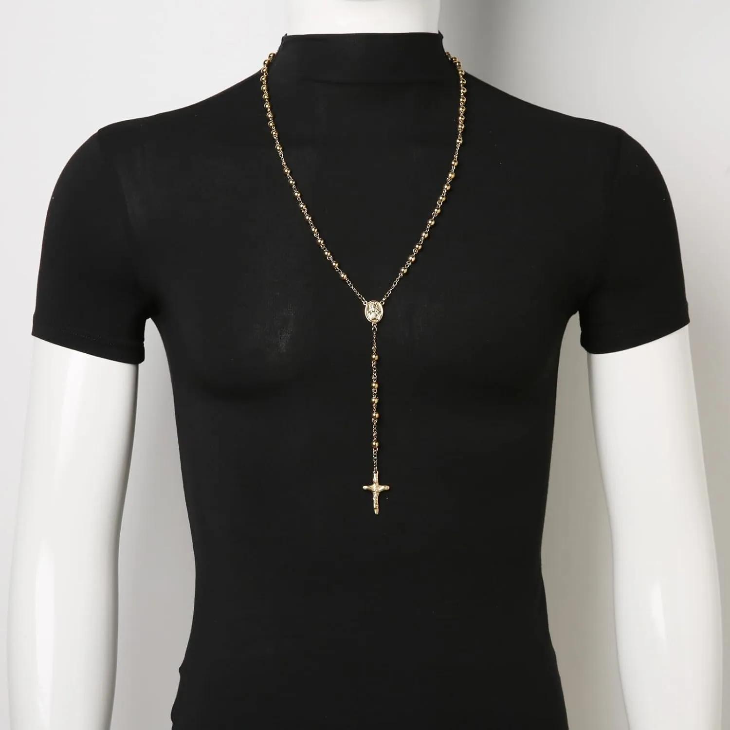 HZMAN Rosary Beads Cross Necklace for Women Stainless Steel Heavy Crucifix Virgin Mary Y Shape Necklaces Jewelry