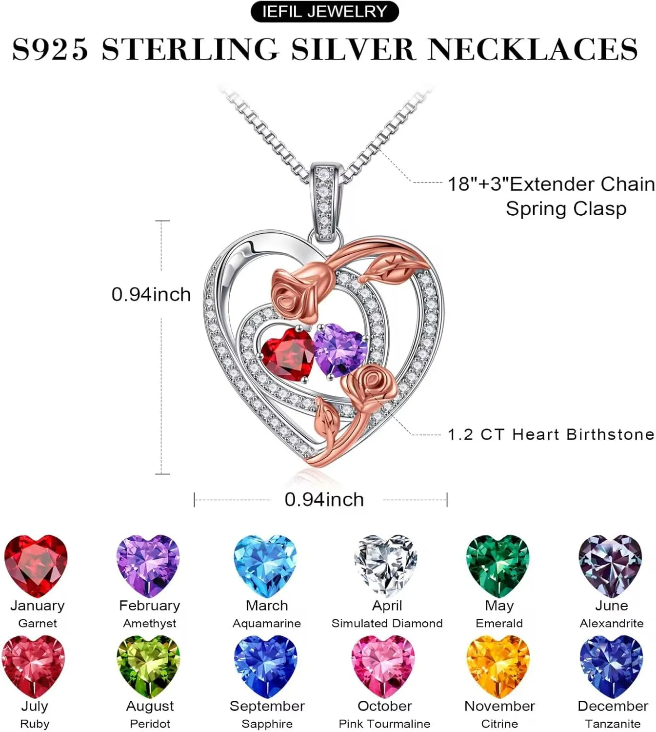 Iefil Birthstone Necklace for Her - Heart Birthstone Necklace for Women | 925 Sterling Silver Rose Heart Necklaces | Personalized Gifts Anniversary Birthday Jewelry for Wife Her Girlfriend Mom