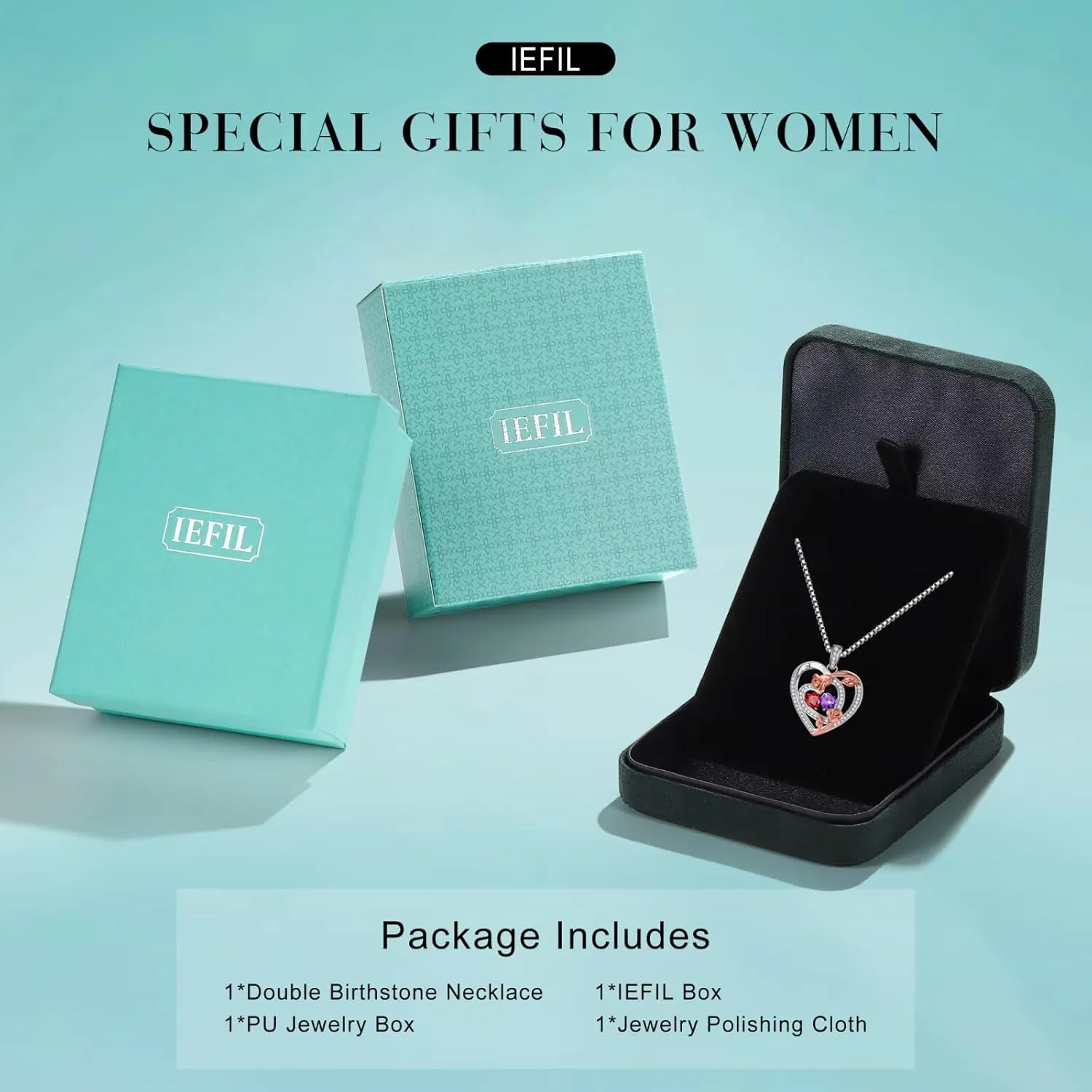 Iefil Birthstone Necklace for Her - Heart Birthstone Necklace for Women | 925 Sterling Silver Rose Heart Necklaces | Personalized Gifts Anniversary Birthday Jewelry for Wife Her Girlfriend Mom