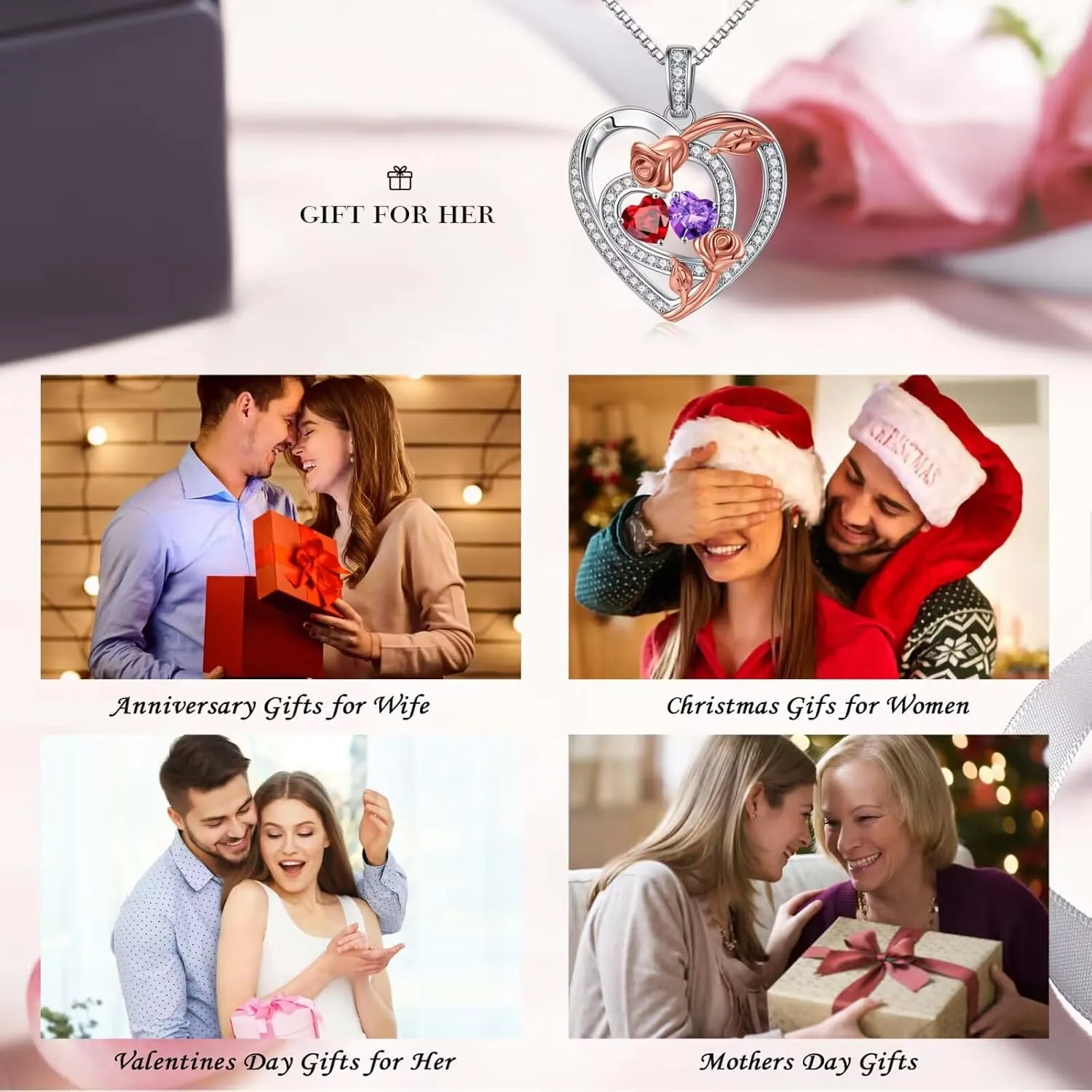 Iefil Birthstone Necklace for Her - Heart Birthstone Necklace for Women | 925 Sterling Silver Rose Heart Necklaces | Personalized Gifts Anniversary Birthday Jewelry for Wife Her Girlfriend Mom