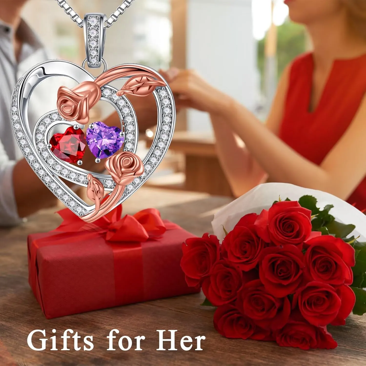 Iefil Birthstone Necklace for Her - Heart Birthstone Necklace for Women | 925 Sterling Silver Rose Heart Necklaces | Personalized Gifts Anniversary Birthday Jewelry for Wife Her Girlfriend Mom