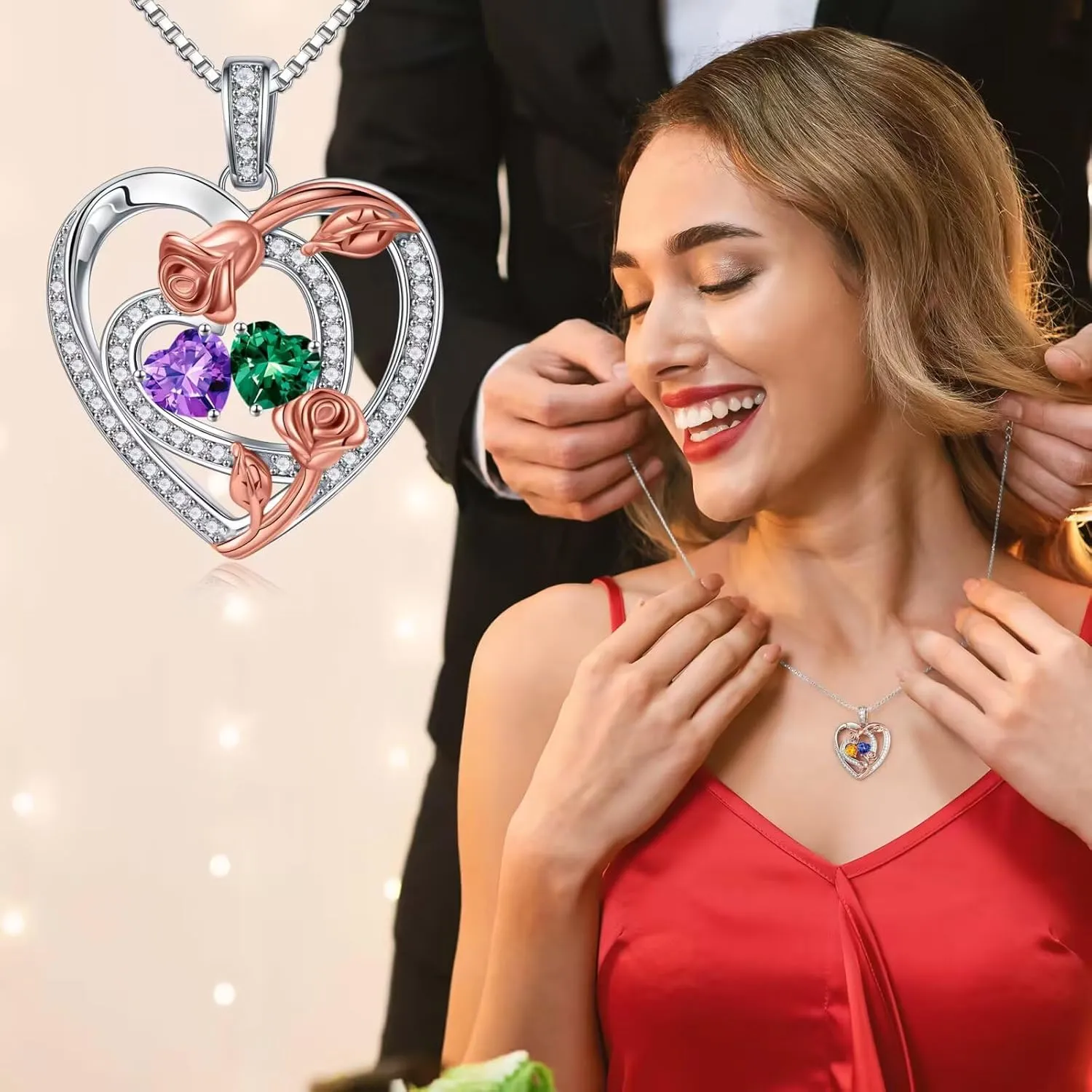 Iefil Birthstone Necklace for Her - Heart Birthstone Necklace for Women | 925 Sterling Silver Rose Heart Necklaces | Personalized Gifts Anniversary Birthday Jewelry for Wife Her Girlfriend Mom