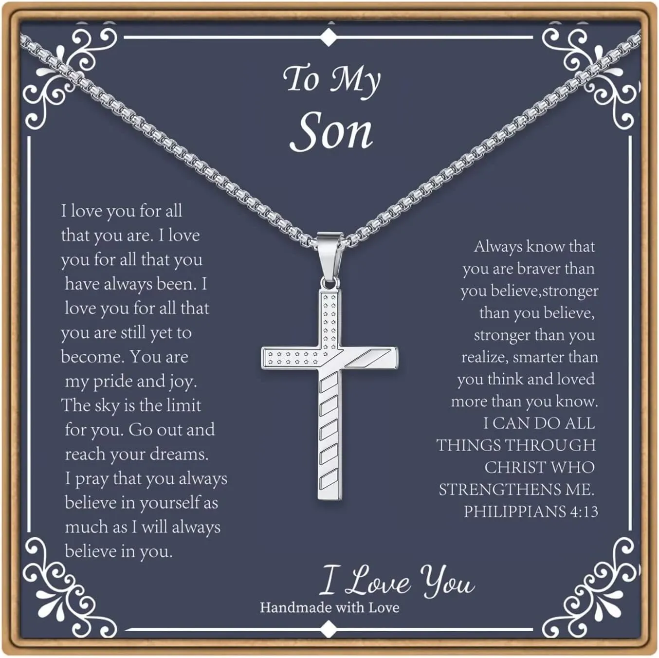 IEFLIFE Cross Necklaces for Men - American Flag Cross Necklace in Black, Silver, Gold for Baptism, Fathers Day, Christmas Gifts for Dad, Step Dad, Son, Grandpa, Boyfriend