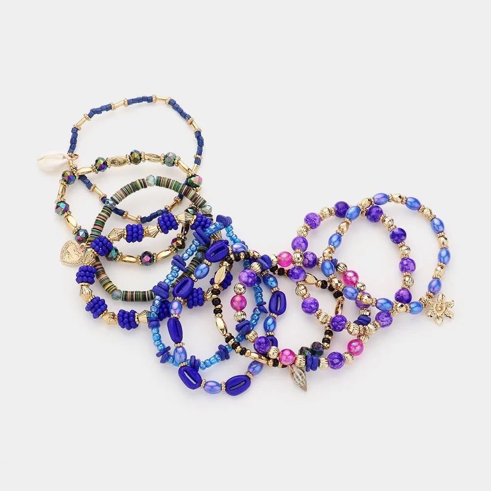 iLLASPARKZ 10PCS - Shell Metal Flower Heart Charm Wood Multi Beads Beaded Layered Bracelets