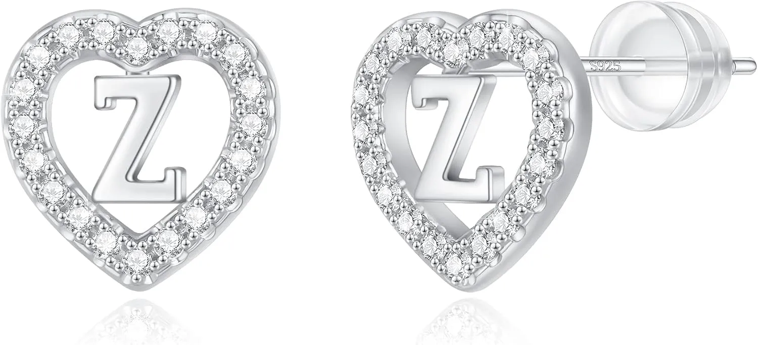 Initial Heart Earrings for Girls, Sterling Silver Post Silver/Rose Gold Heart Initial Stud Earrings for Little Girls Kids Baby Earrings Non Tarnish Hypoallergenic Earrings for Teen Girls Gifts Jewelry