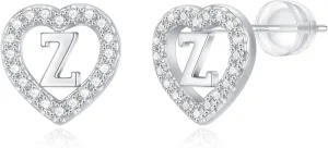 Initial Heart Earrings for Girls, Sterling Silver Post Silver/Rose Gold Heart Initial Stud Earrings for Little Girls Kids Baby Earrings Non Tarnish Hypoallergenic Earrings for Teen Girls Gifts Jewelry