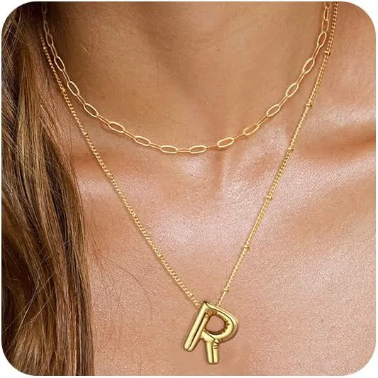 Initial Necklaces for Women Balloon Bubble Letter Necklace Gold Dainty Layered Paperclip Chain Alphabet Pendant Puffy Name Personalized Choker Necklace Jewelry Gifts for Women