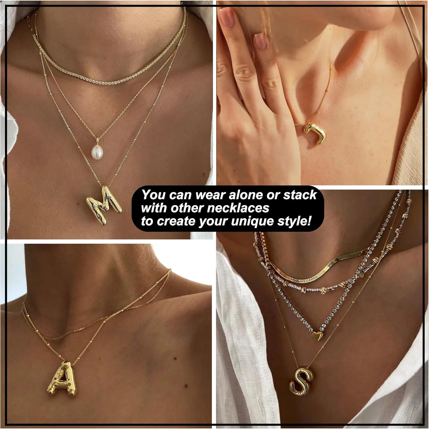 Initial Necklaces for Women Balloon Bubble Letter Necklace Gold Dainty Layered Paperclip Chain Alphabet Pendant Puffy Name Personalized Choker Necklace Jewelry Gifts for Women