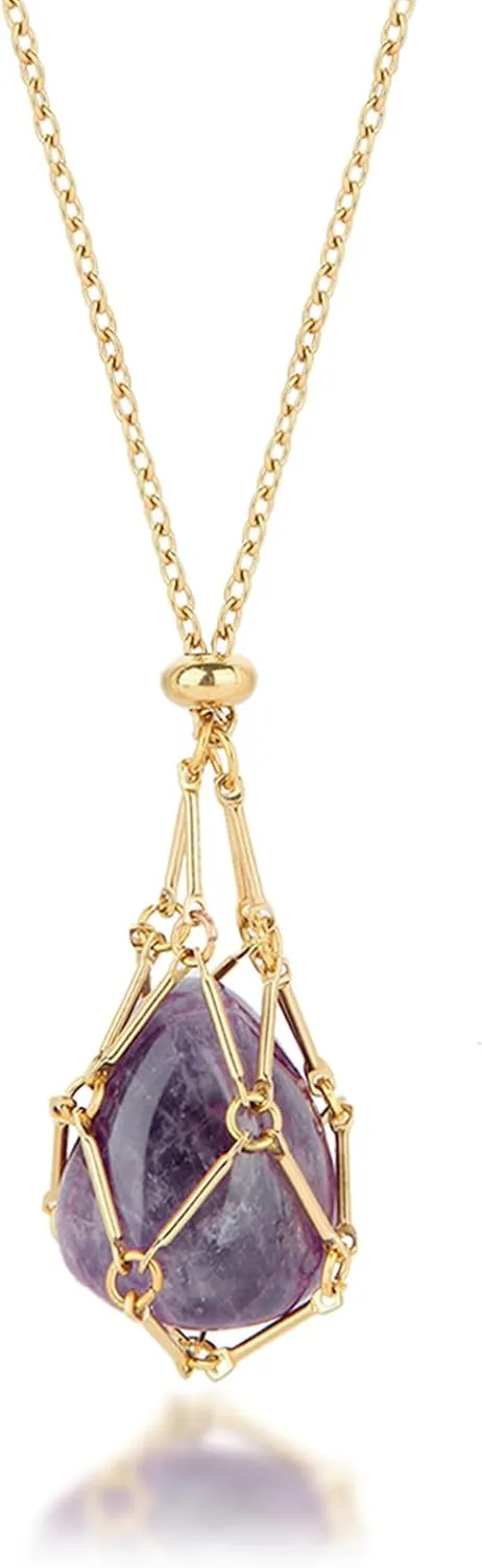 Interchangeable Crystal Holder Necklace,Crystal Stone Cage Pendant Necklace,Stainless Steel Crystal Gemstone Holder Necklaces for Women Men