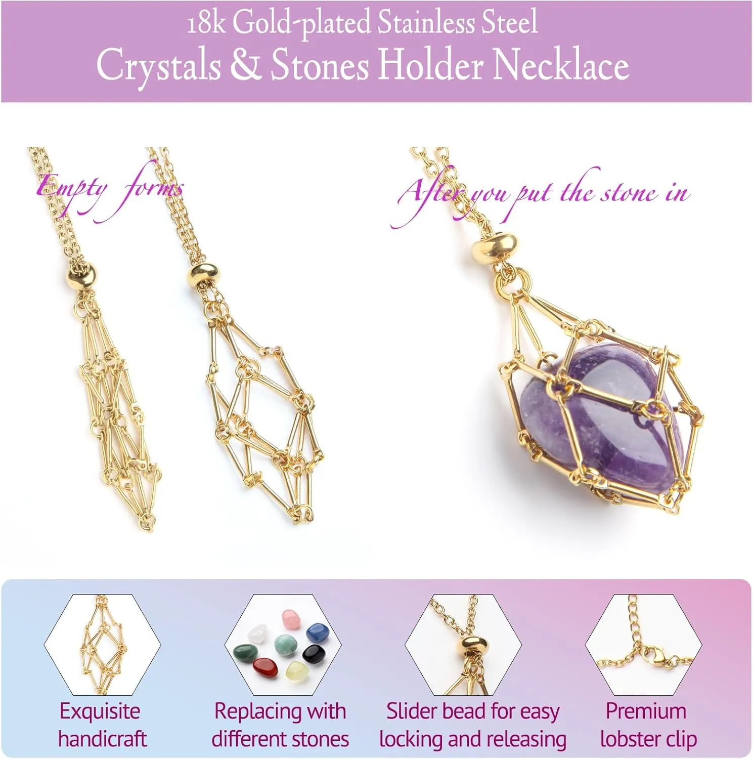 Interchangeable Crystal Holder Necklace,Crystal Stone Cage Pendant Necklace,Stainless Steel Crystal Gemstone Holder Necklaces for Women Men