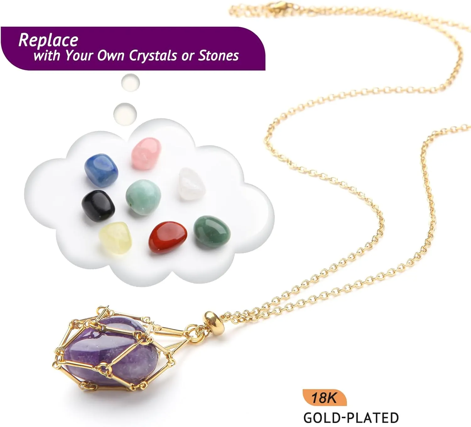 Interchangeable Crystal Holder Necklace,Crystal Stone Cage Pendant Necklace,Stainless Steel Crystal Gemstone Holder Necklaces for Women Men