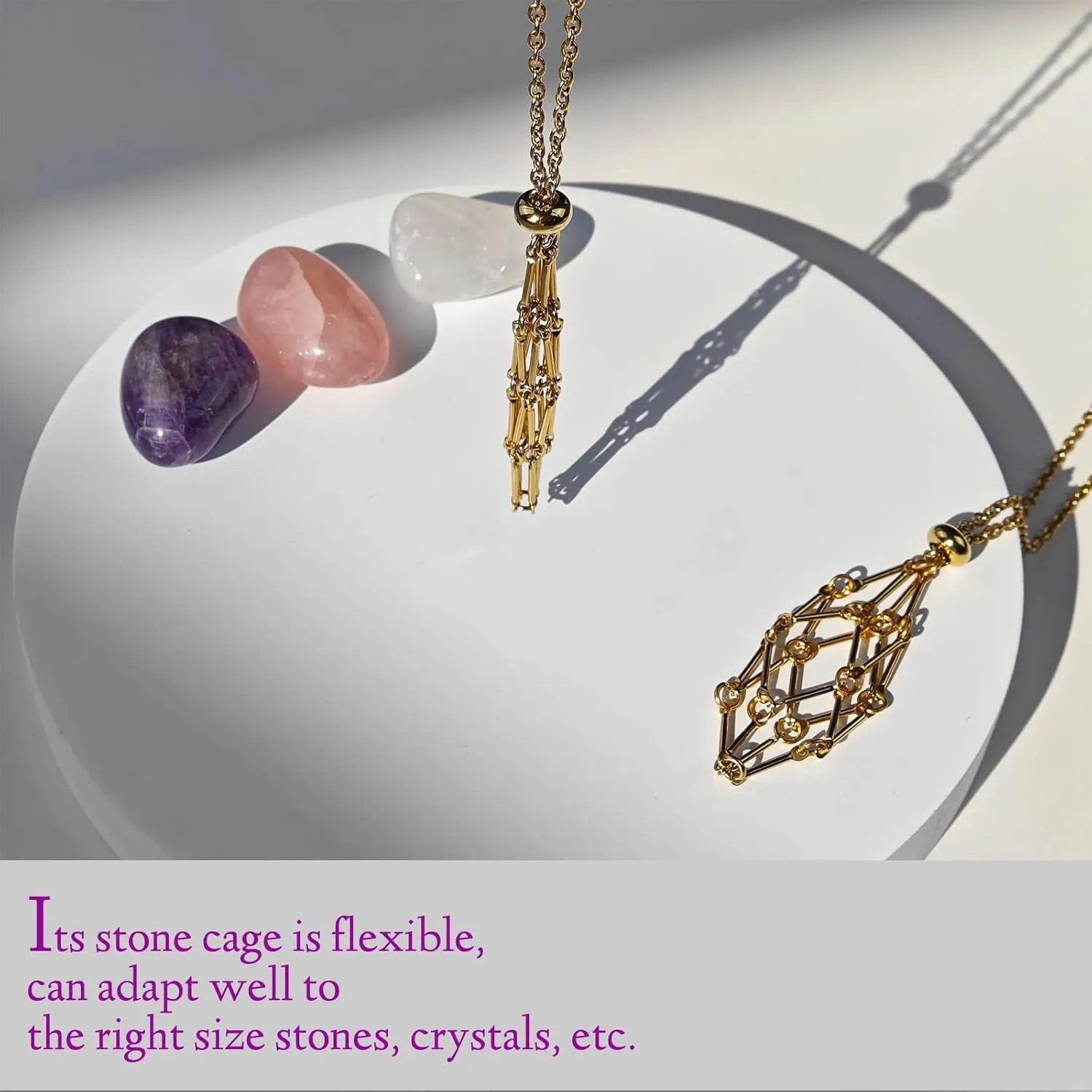 Interchangeable Crystal Holder Necklace,Crystal Stone Cage Pendant Necklace,Stainless Steel Crystal Gemstone Holder Necklaces for Women Men