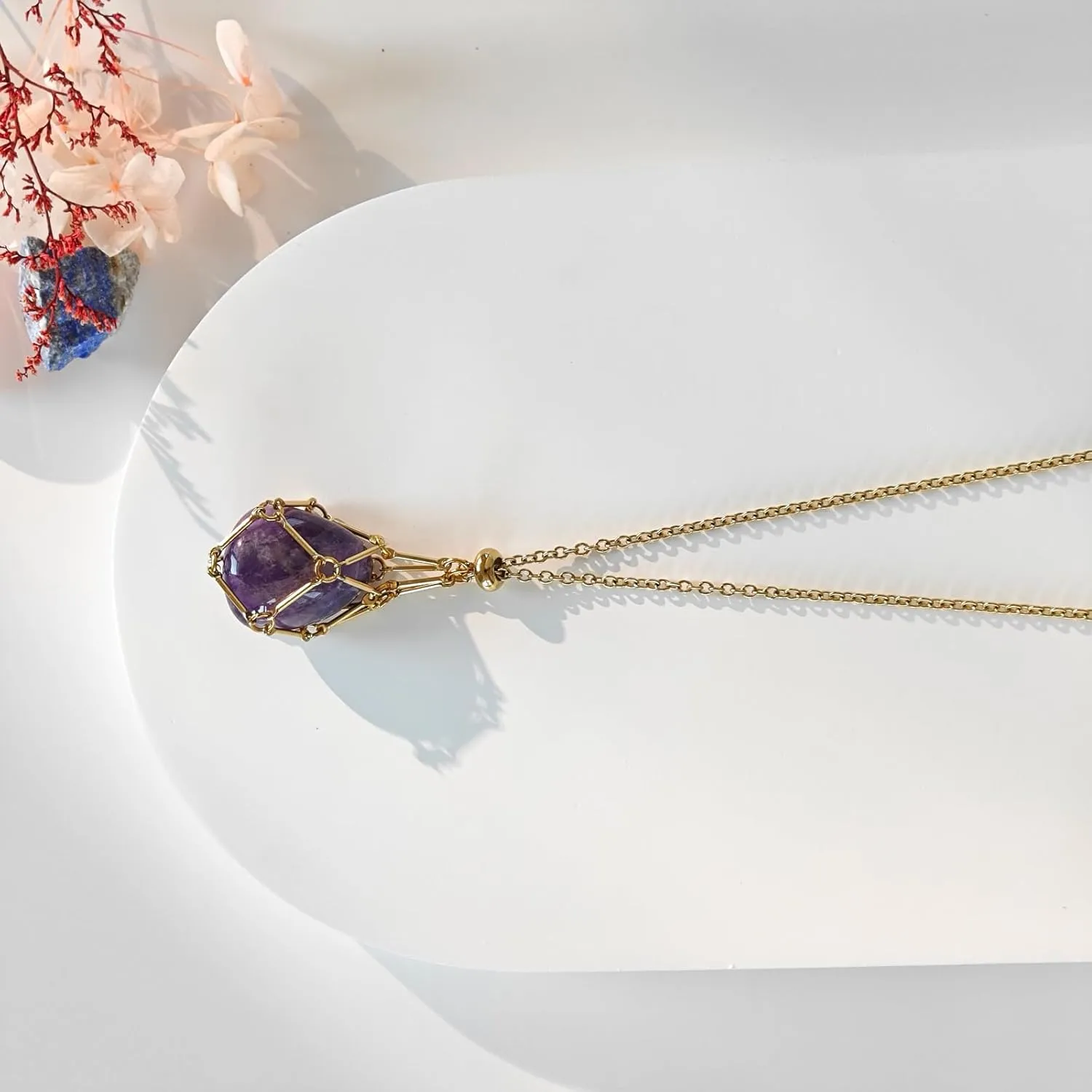 Interchangeable Crystal Holder Necklace,Crystal Stone Cage Pendant Necklace,Stainless Steel Crystal Gemstone Holder Necklaces for Women Men