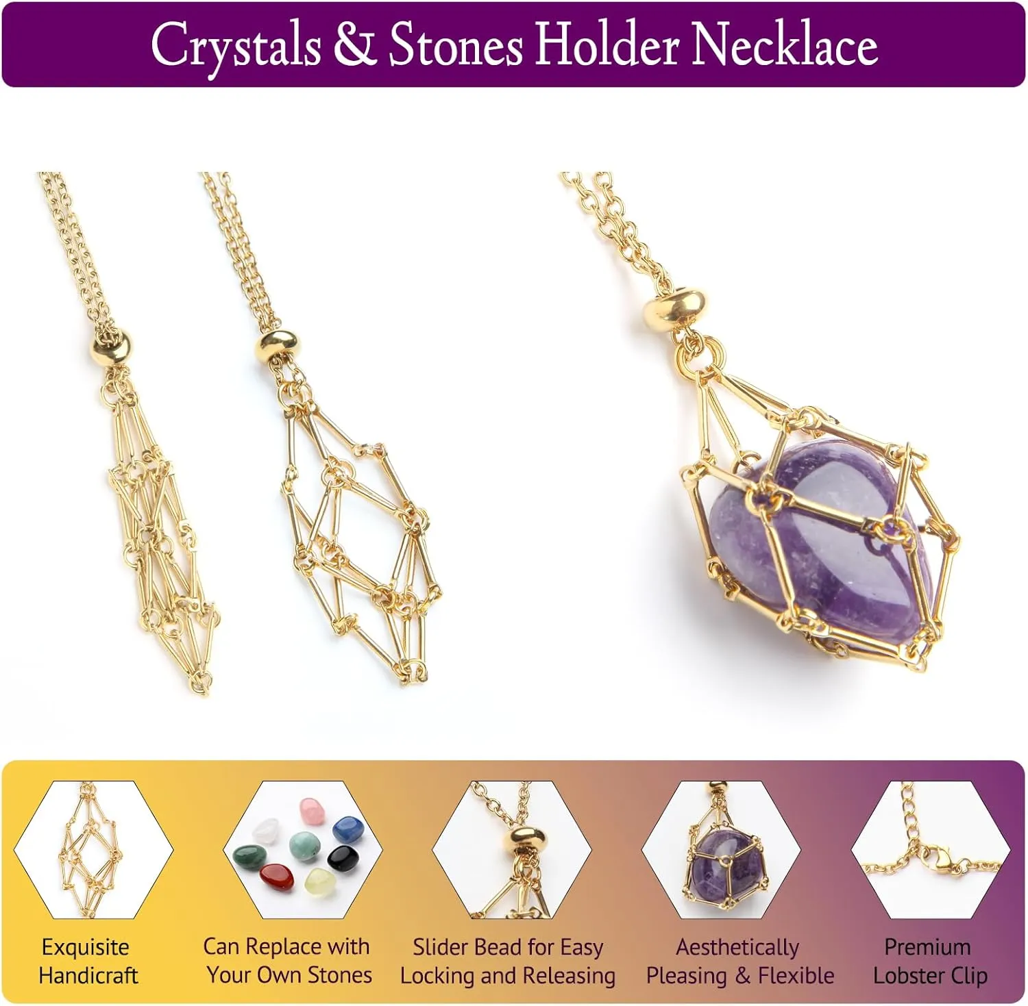 Interchangeable Crystal Holder Necklace,Crystal Stone Cage Pendant Necklace,Stainless Steel Crystal Gemstone Holder Necklaces for Women Men