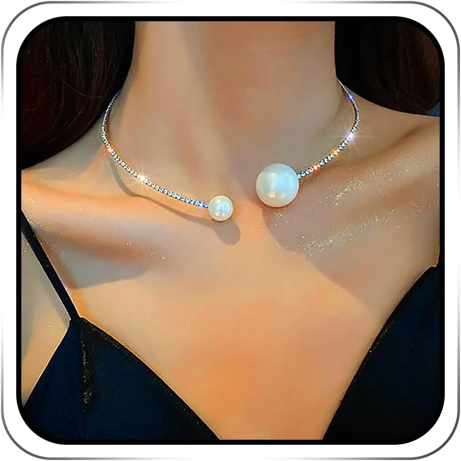 JEAIRTS Cystal Pearl Choker Necklace Silver Rhinestone Adjustable Necklaces Fashion Necklace Jewelry Party Gifts Costume Accessories for Women