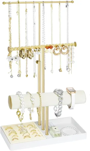 Jenseits Jewelry Organizer Stand Necklace Holder Organizer, 3-Tier Earrings Organizer w/Bracelet Storage Display & Velvet Ring Tray, Cute Metal Aesthetic Jewelry Tower Rack for Women Girls - Gold