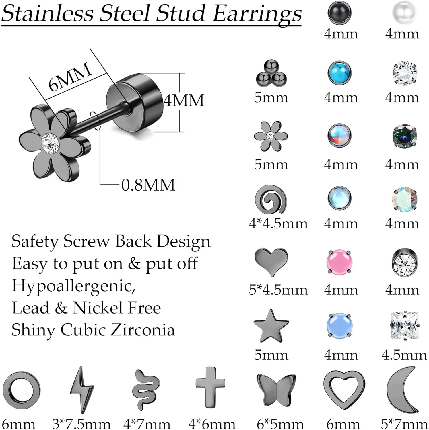 JeryWe 24 Pairs Stainless Steel Stud Earrings for Women Men Hypoallergenic Flat Back Stud Earrings Small CZ Opal Moonstone Turquoise Heart Butterfly Flower Star Flatback Earrings 20G Cartilage Helix Earrings Piercing Jewelry