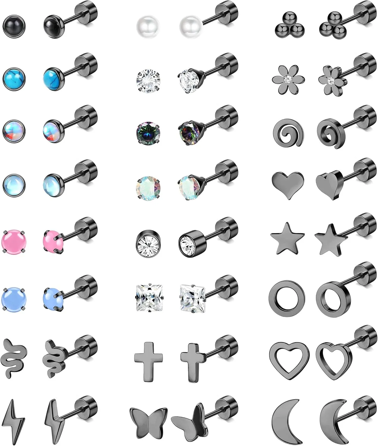 JeryWe 24 Pairs Stainless Steel Stud Earrings for Women Men Hypoallergenic Flat Back Stud Earrings Small CZ Opal Moonstone Turquoise Heart Butterfly Flower Star Flatback Earrings 20G Cartilage Helix Earrings Piercing Jewelry