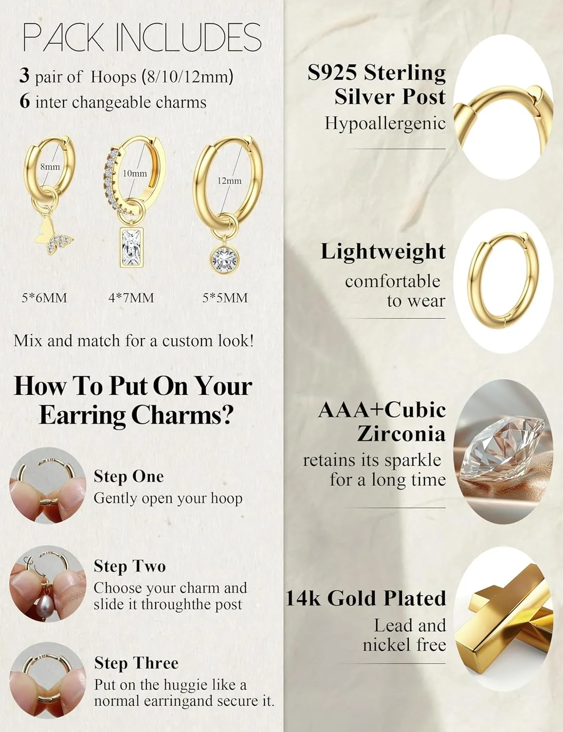 JeryWe Gold Small Hoop Earrings for Women  Hypoallergenic 14K Gold Plated Hoop Cartilage Earring Stacks Gold with Dainty Dangle Charm Non Tarnish Huggie Hoops Earrings for Cartilage Tragus Piercing Jewelry