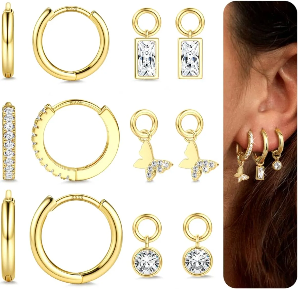 JeryWe Gold Small Hoop Earrings for Women  Hypoallergenic 14K Gold Plated Hoop Cartilage Earring Stacks Gold with Dainty Dangle Charm Non Tarnish Huggie Hoops Earrings for Cartilage Tragus Piercing Jewelry