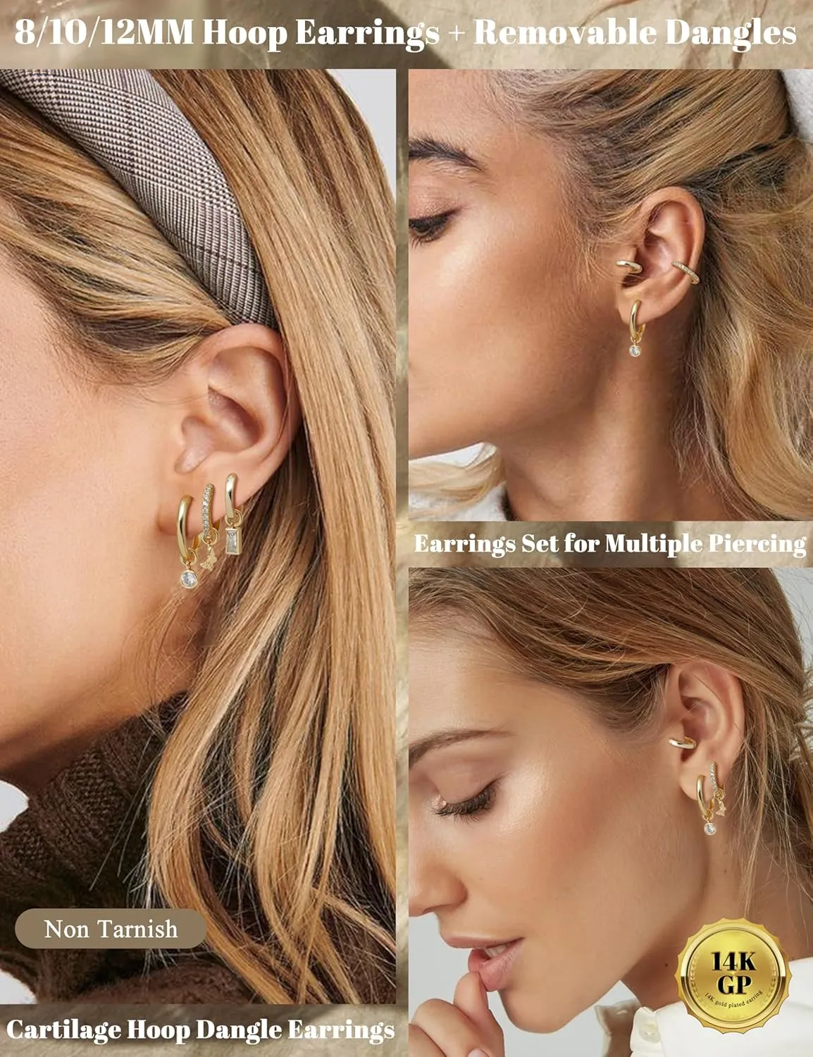 JeryWe Gold Small Hoop Earrings for Women  Hypoallergenic 14K Gold Plated Hoop Cartilage Earring Stacks Gold with Dainty Dangle Charm Non Tarnish Huggie Hoops Earrings for Cartilage Tragus Piercing Jewelry